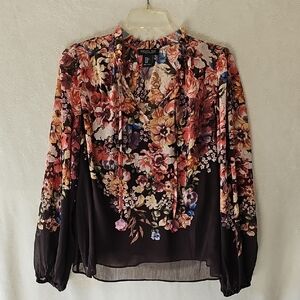 Rachel Zoe Whimsical Black Multicolor Sheer Floral Tie Neck Blouse M